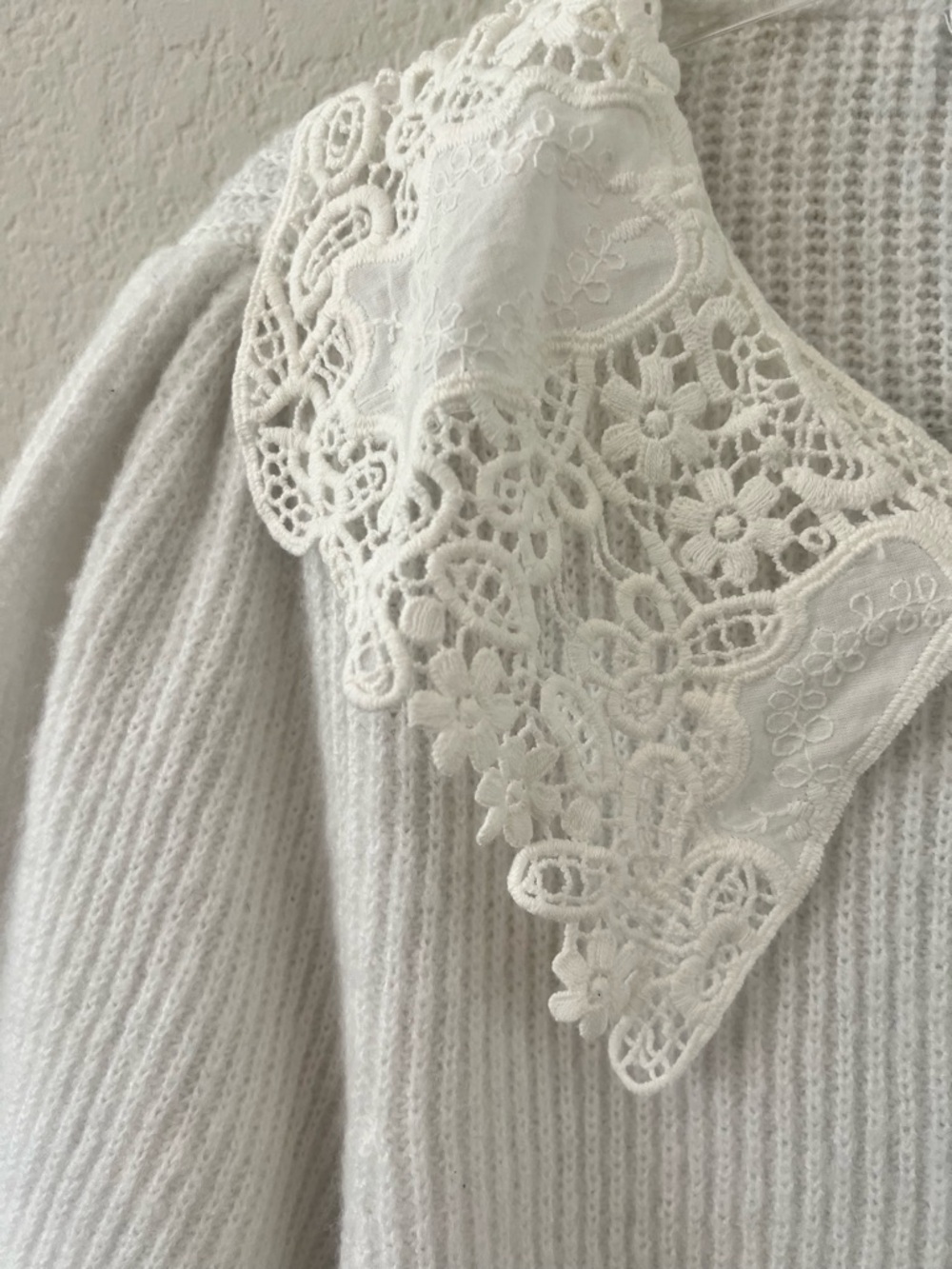 White Lace Collar Cardigan Cottagecore Coquette Ribbed Knit Cropped S - Picture 5 of 5